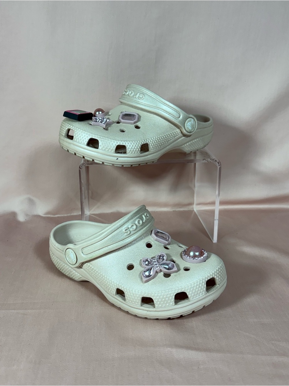 CROCS Kids Cream Color Iconic Comfort Clogs With, Jibbitz Size C11